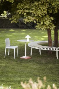 Elementaire Chair cream white_Terrazzo Table Round sky grey tabletop red base_Palissade Park Bench sky grey